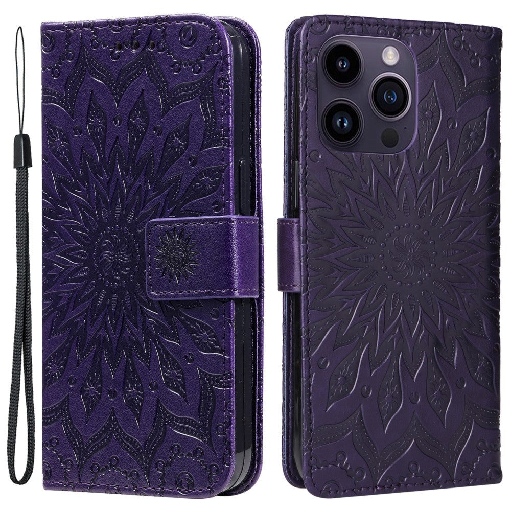iPhone 15 Pro Max Leather Flip Cover m. Veske og stropp - Mandala Flower - Lilla