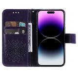 iPhone 15 Pro Max Leather Flip Cover m. Veske og stropp - Mandala Flower - Lilla