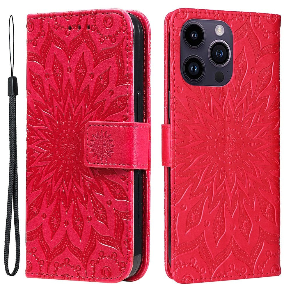 iPhone 15 Pro Max Leather Flip Cover m. Lommebok og stropp - Mandala Blomst - Rød