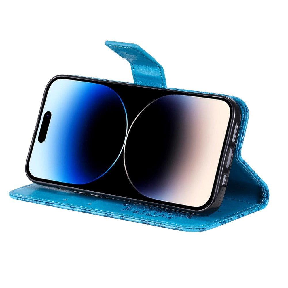 iPhone 15 Pro Leather Flip Cover m. Lommebok og stropp - Mandala Flower - Blå