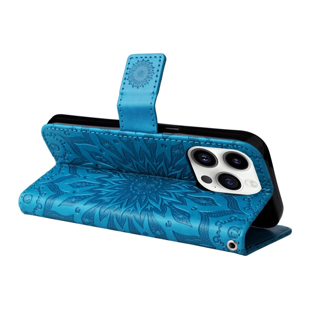 iPhone 15 Pro Leather Flip Cover m. Lommebok og stropp - Mandala Flower - Blå