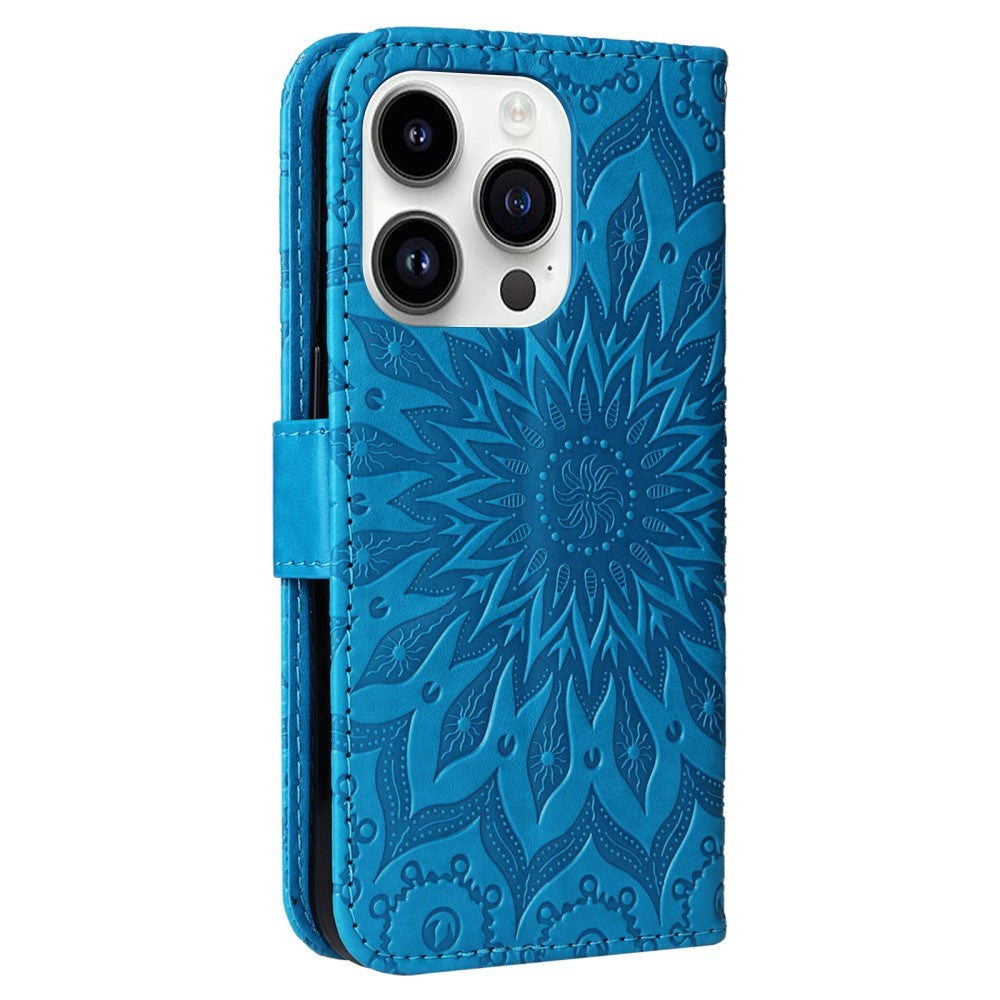 iPhone 15 Pro Leather Flip Cover m. Lommebok og stropp - Mandala Flower - Blå