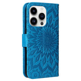iPhone 15 Pro Leather Flip Cover m. Lommebok og stropp - Mandala Flower - Blå