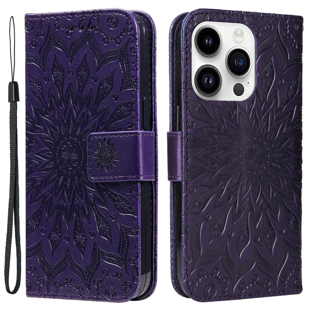 iPhone 15 Pro Leather Flip Cover m. Veske og stropp - Mandala Flower - Lilla