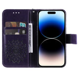 iPhone 15 Pro Leather Flip Cover m. Veske og stropp - Mandala Flower - Lilla