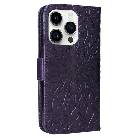 iPhone 15 Pro Leather Flip Cover m. Veske og stropp - Mandala Flower - Lilla