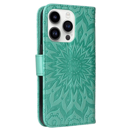 iPhone 15 Pro Leather Flip Cover m. Lommebok og stropp - Mandala Blomst - Grønn