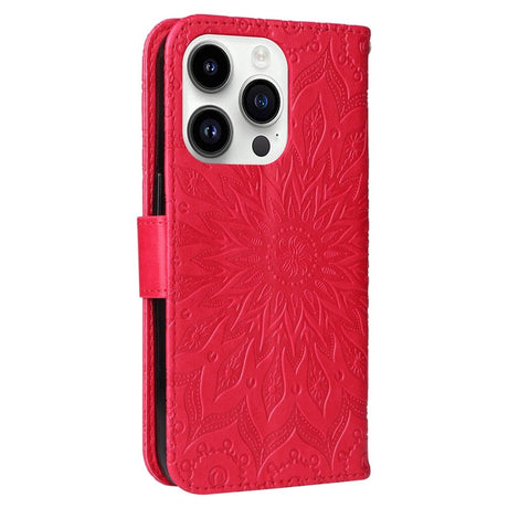 iPhone 15 Pro Leather Flip Cover m. Lommebok og stropp - Mandala Blomst - Rød