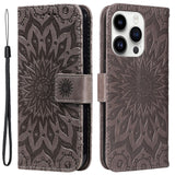 iPhone 15 Pro Leather Flip Cover m. Lommebok og stropp - Mandala Flower - Brun