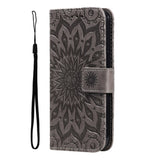 iPhone 15 Pro Leather Flip Cover m. Lommebok og stropp - Mandala Flower - Brun