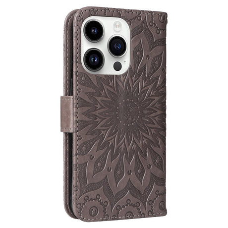 iPhone 15 Pro Leather Flip Cover m. Lommebok og stropp - Mandala Flower - Brun