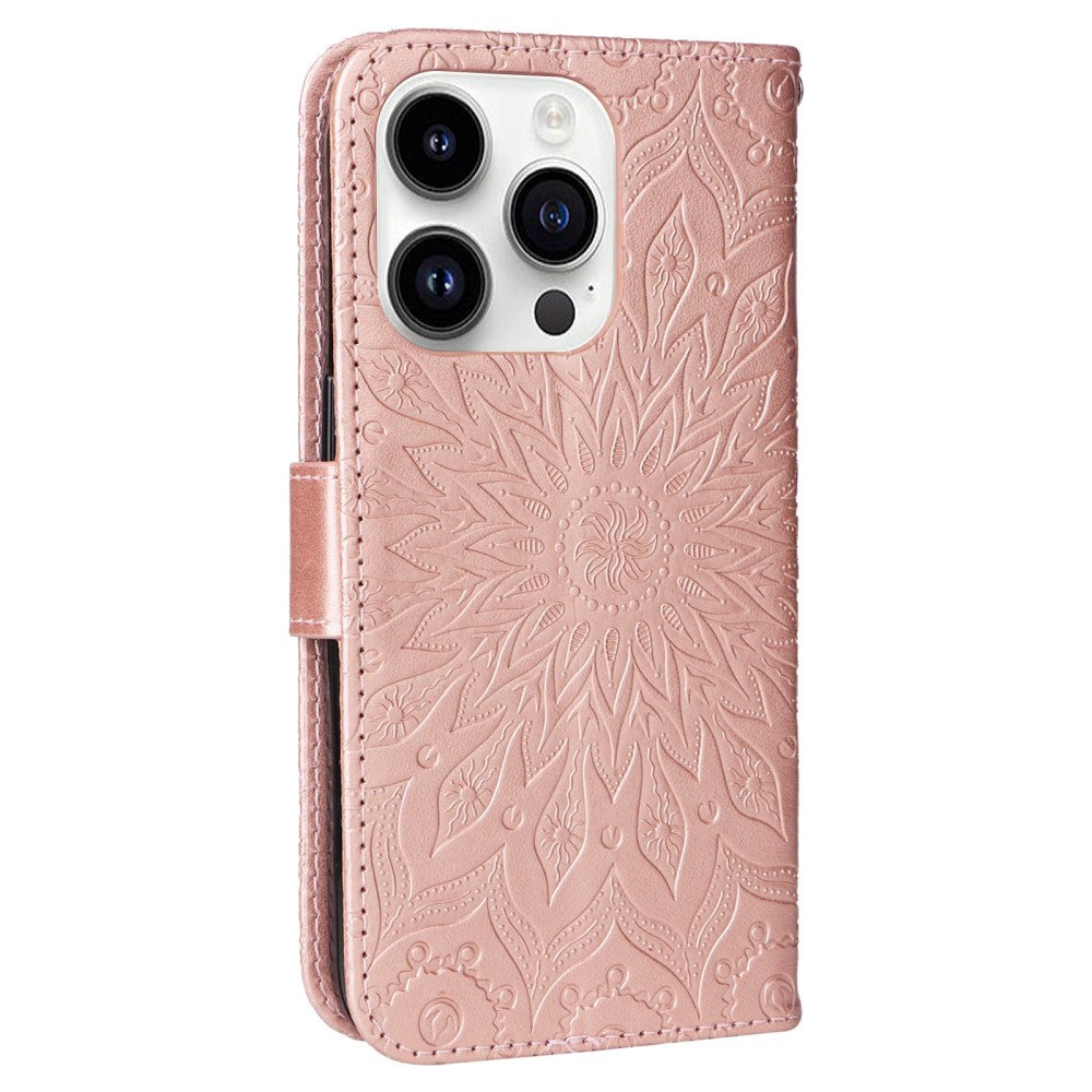 iPhone 15 Pro Leather Flip Cover m. Lommebok og stropp - Mandala Flower - Rose Gold