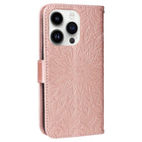 iPhone 15 Pro Leather Flip Cover m. Lommebok og stropp - Mandala Flower - Rose Gold