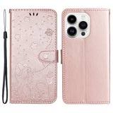 iPhone 15 Pro Leather Flip Cover m. Lommebok og stropp - Kattegravering - Rose gull