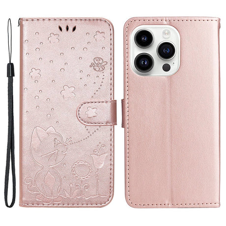 iPhone 15 Pro Leather Flip Cover m. Lommebok og stropp - Kattegravering - Rose gull