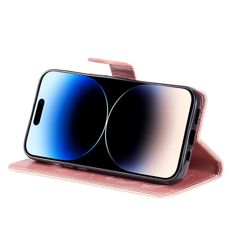 iPhone 15 Pro Leather Flip Cover m. Lommebok og stropp - Kattegravering - Rose gull