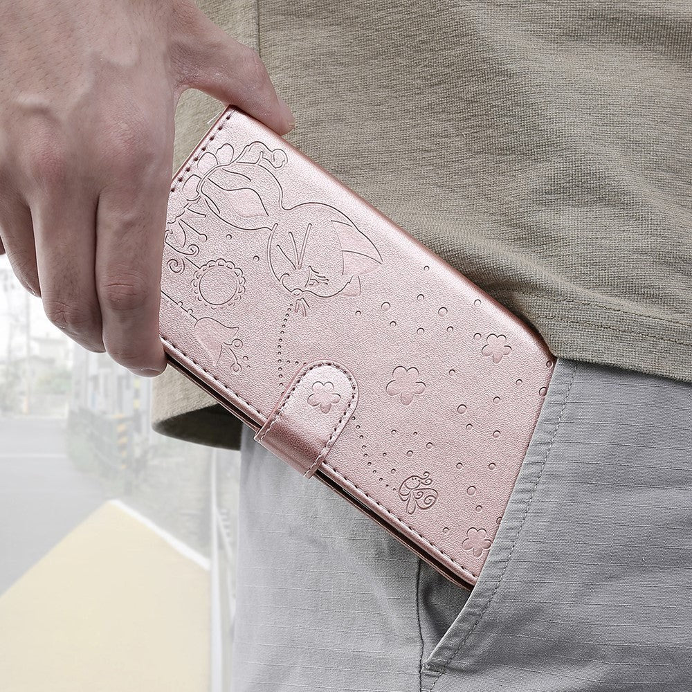 iPhone 15 Pro Leather Flip Cover m. Lommebok og stropp - Kattegravering - Rose gull