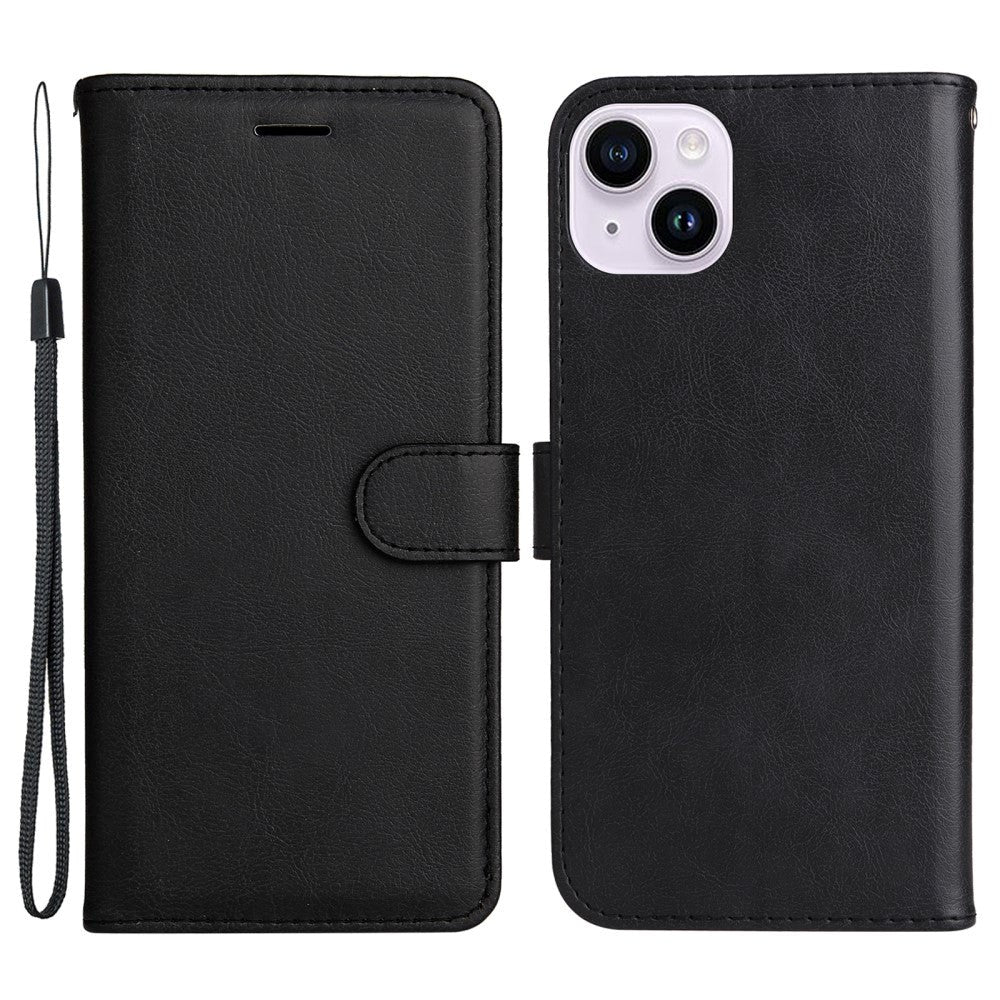 iPhone 15 Plus Leather Flip Cover m. Lommebok og stropp - Svart