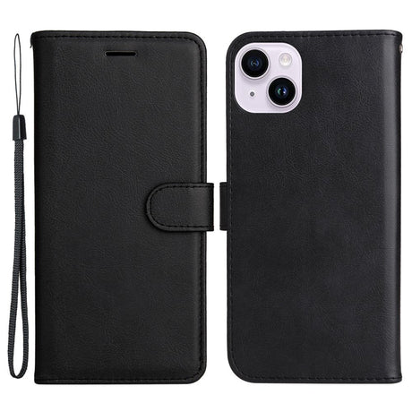iPhone 15 Plus Leather Flip Cover m. Lommebok og stropp - Svart