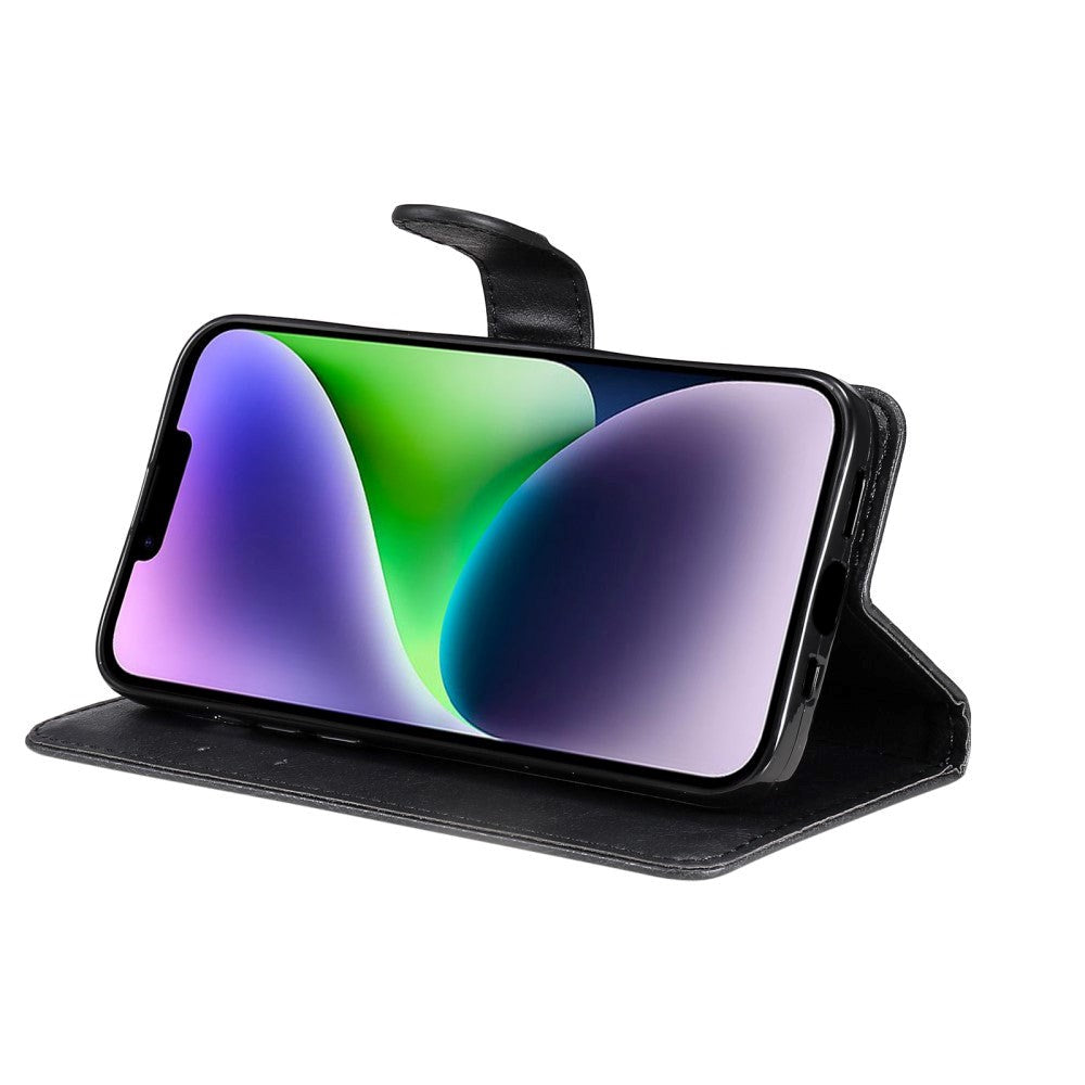 iPhone 15 Plus Leather Flip Cover m. Lommebok og stropp - Svart