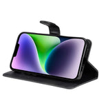 iPhone 15 Plus Leather Flip Cover m. Lommebok og stropp - Svart