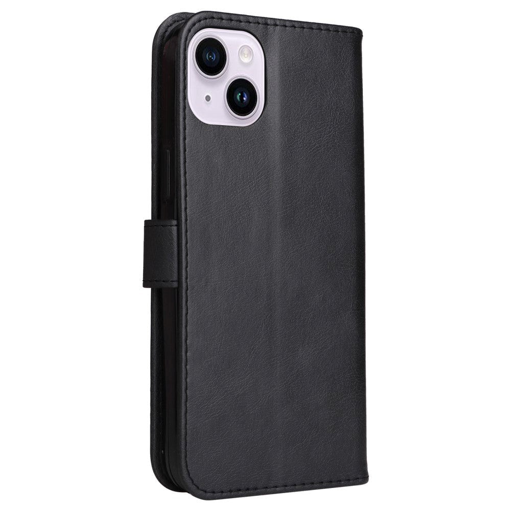 iPhone 15 Plus Leather Flip Cover m. Lommebok og stropp - Svart