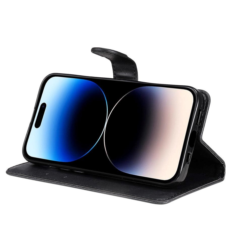 iPhone 15 Pro Leather Flip Cover m. Rem og lommebok - Svart