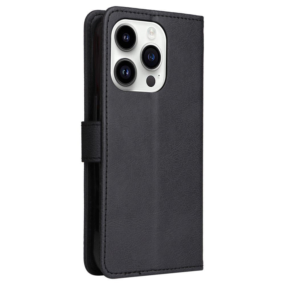 iPhone 15 Pro Leather Flip Cover m. Rem og lommebok - Svart