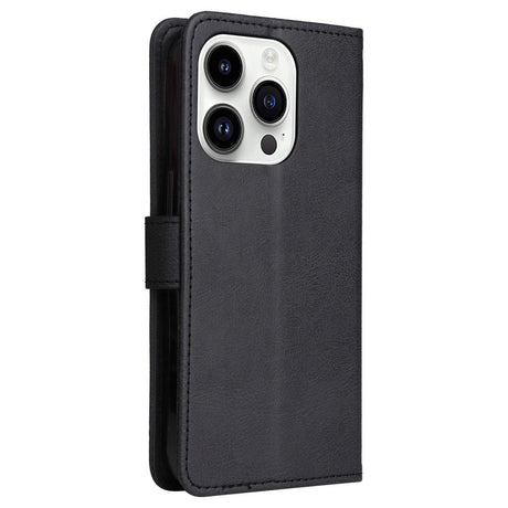 iPhone 15 Pro Leather Flip Cover m. Rem og lommebok - Svart