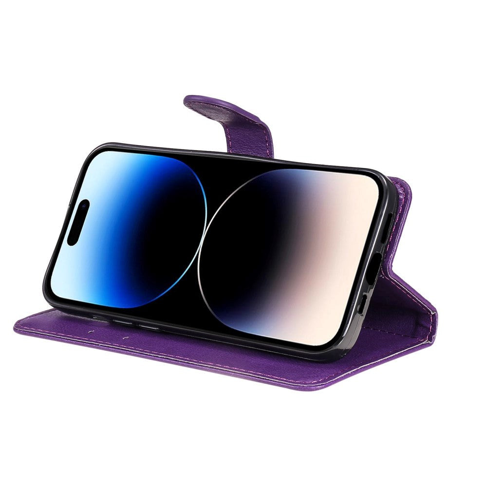 iPhone 15 Pro Leather Flip Cover m. Rem og lommebok - Lilla