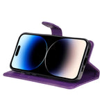 iPhone 15 Pro Leather Flip Cover m. Rem og lommebok - Lilla