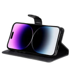 iPhone 15 Pro Max Leather Flip Cover m. Lommebok og stropp - Svart