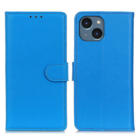 iPhone 15 Plus Litchi Leather Flip Cover m. Lommebok - Blå