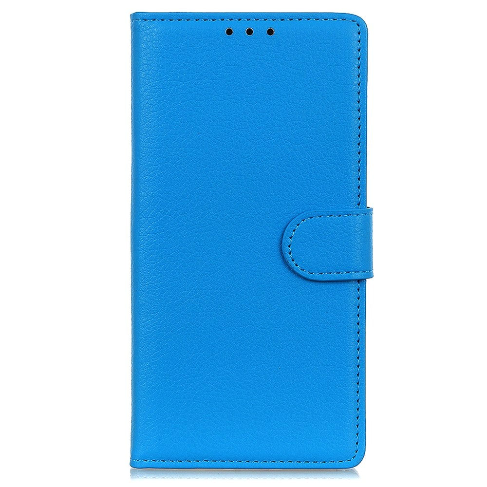 iPhone 15 Plus Litchi Leather Flip Cover m. Lommebok - Blå