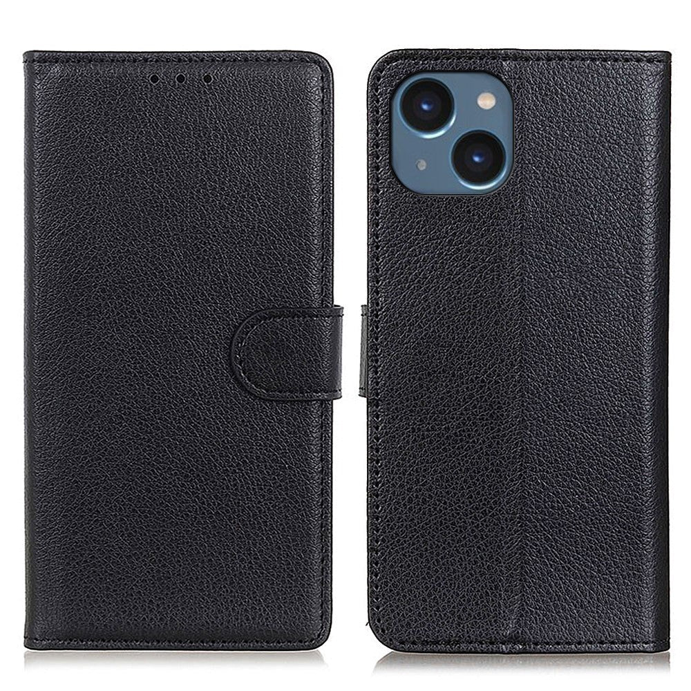 iPhone 15 Plus Litchi Leather Flip Cover m. Lommebok - Svart