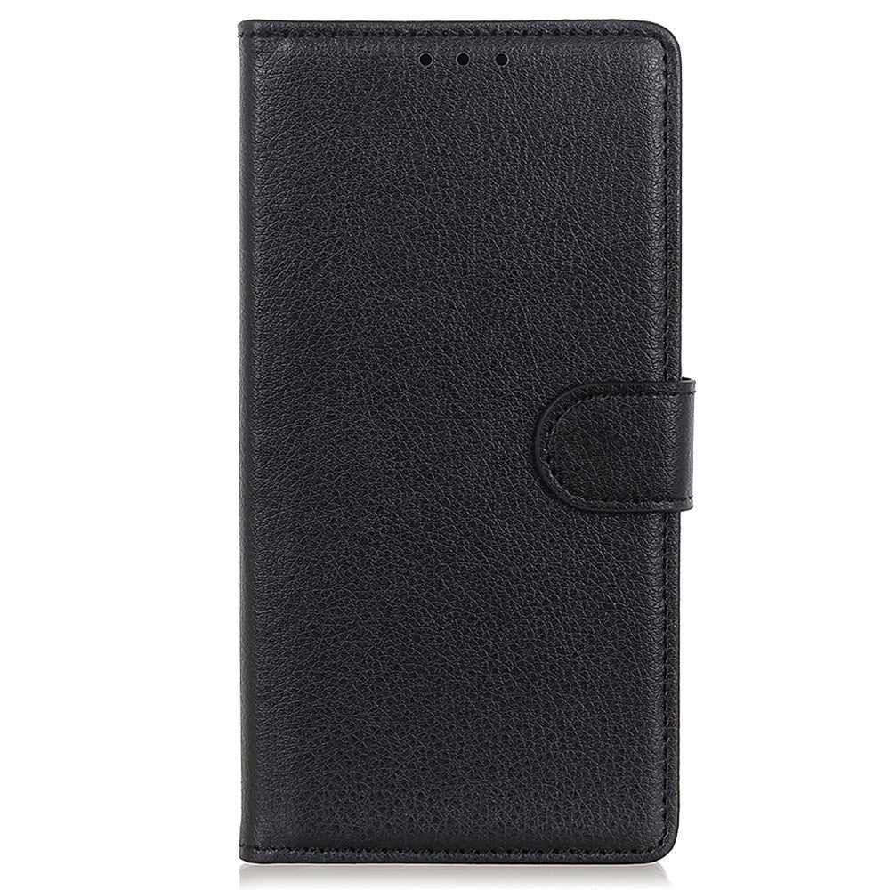 iPhone 15 Plus Litchi Leather Flip Cover m. Lommebok - Svart