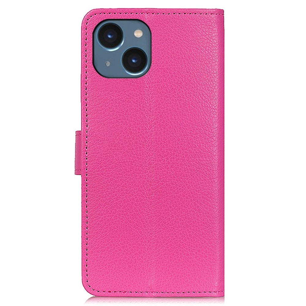 iPhone 15 Plus Litchi Leather Flip Cover m. Lommebok - Rosa