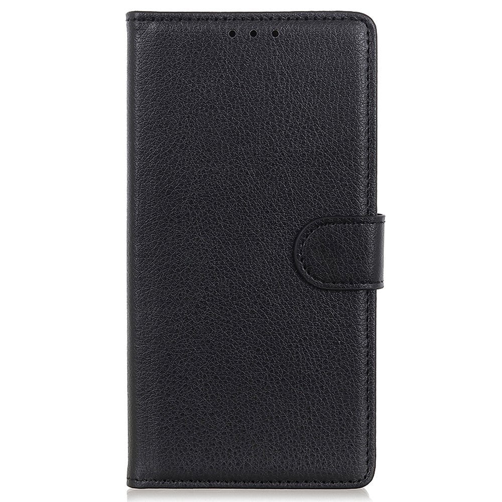 iPhone 15 Litchi Leather Flip Cover m. Lommebok - Svart