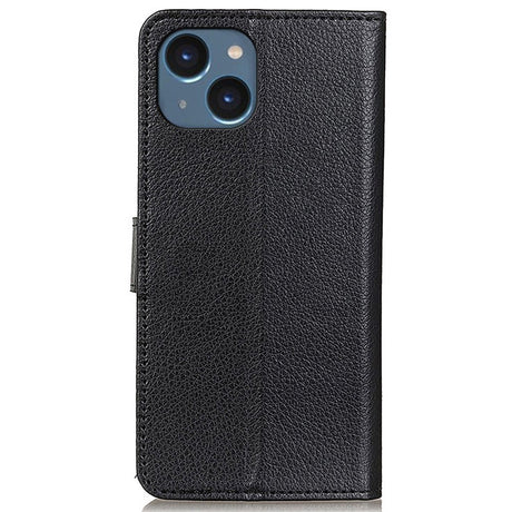 iPhone 15 Litchi Leather Flip Cover m. Lommebok - Svart