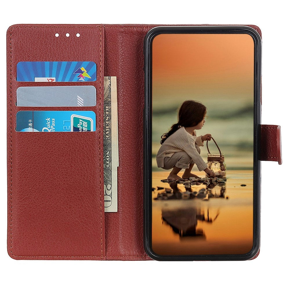 iPhone 15 Litchi Leather Flip Cover m. Lommebok - Brun