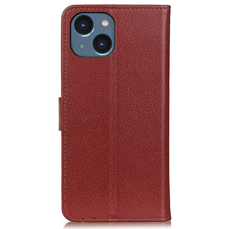 iPhone 15 Litchi Leather Flip Cover m. Lommebok - Brun