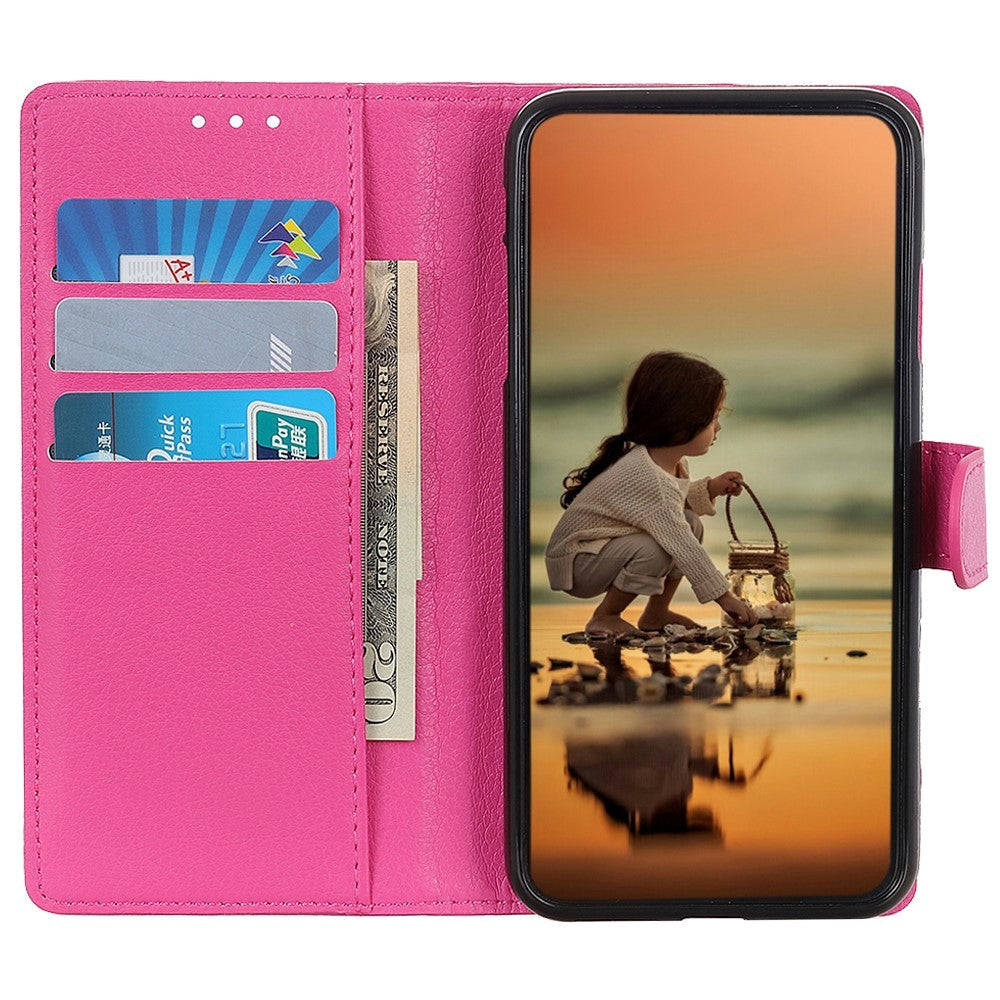 iPhone 15 Litchi Leather Flip Cover m. Lommebok - Rosa