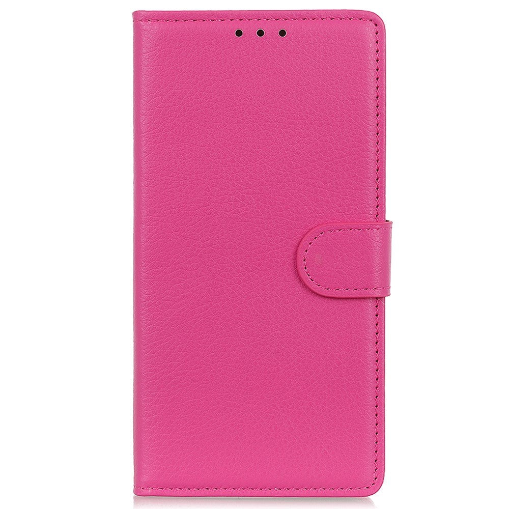 iPhone 15 Litchi Leather Flip Cover m. Lommebok - Rosa