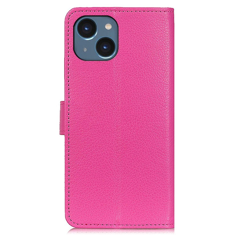 iPhone 15 Litchi Leather Flip Cover m. Lommebok - Rosa