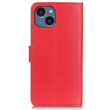 iPhone 15 Litchi Leather Flip Cover m. Lommebok - Rød