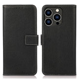 iPhone 15 Pro Litchi Leather Flip Cover m. Hvite sting og veske - svart