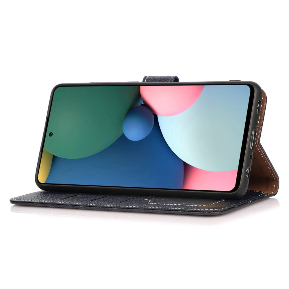 iPhone 15 Pro Litchi Leather Flip Cover m. Hvite sting og veske - mørkeblå