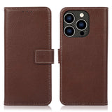 iPhone 15 Pro Litchi Leather Flip Cover m. Hvite sting og veske - brun