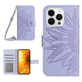 iPhone 15 Pro Leather Flip Cover m. Lommebok og stropp - Solsikkegravering - Lys lilla