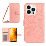 iPhone 15 Pro Leather Flip Cover m. Lommebok og stropp - Solsikkegravering - Rosa